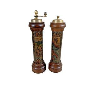 Salt and Pepper Shaker Vintage‎ Wood Brass Florentia Map Design Made in Italy
